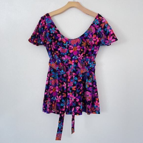 Vtg 60s 70s Dayglo Floral Barkcloth Peplum Top Flutter Sleeves Retro Sz S/M - Picture 1 of 11